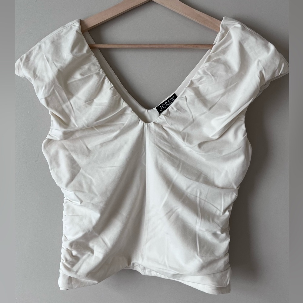 J. Crew White V-Neck Ruched Cap Sleeve Top